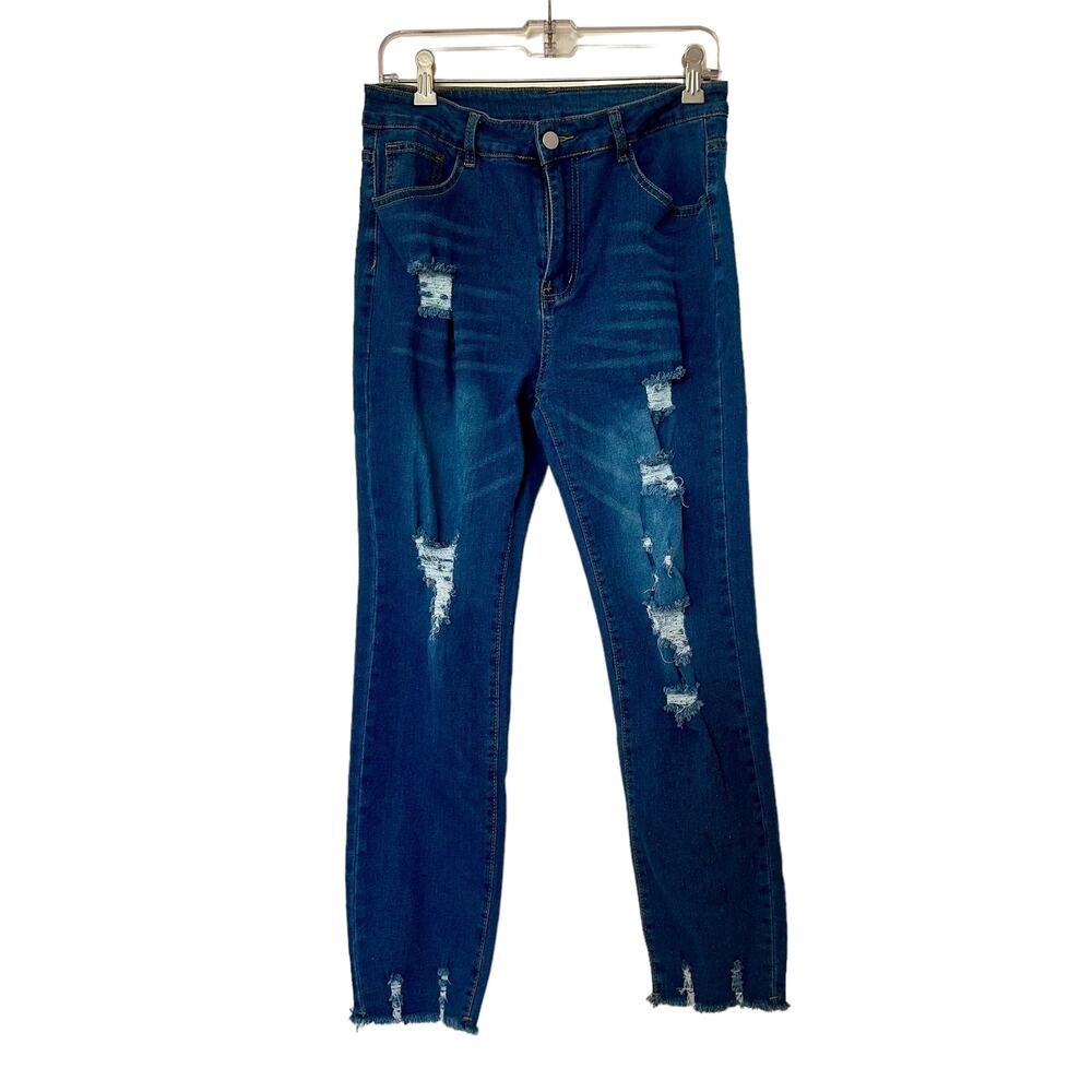 Women's Distressed Blue Denim Jeans Medium Wash Size Large